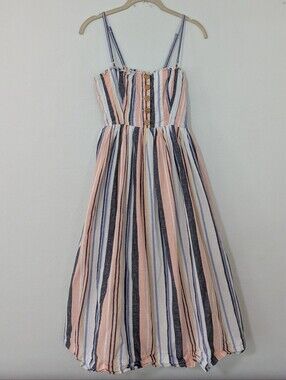 Free People Lilah Pleated Tube Dress Midi Length Striped White Pink Small S